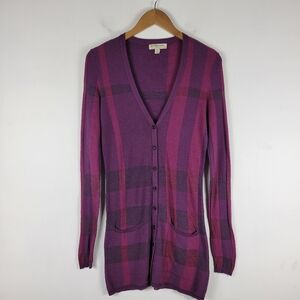 Burberry Vintage Y2K Wool Silk Plaid V Neck Button Up Long Line Cardigan Sweater